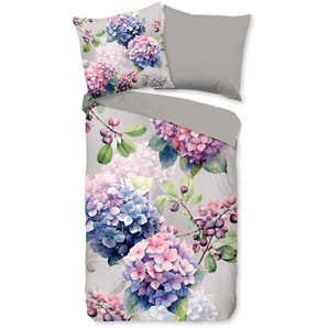 good morning Wendebettwäsche Julia, Renforcé, 2 teilig, 100% Baumwolle, Renforcé, Reißverschluss, Wendeoptik, Hortensie, Grau