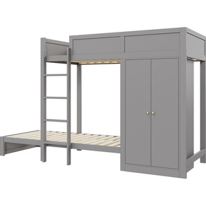 Gotagee Etagenbett 90x200cm Kinderbett (Ohne Matratze) Jugendbett Grau Mit vertikaler Sicherheitstreppe Kleiderschrank und hohes Zaundesign Mit Lattenrost Bed-LDB00235AAE