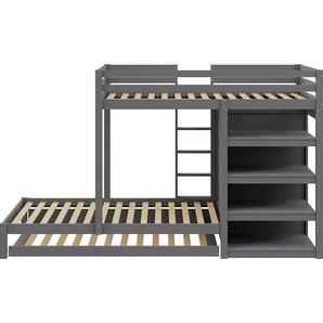 Gotagee Etagenbett 90x200cm Massivholzbett (Ohne Matratze) Grau Mit Ausziehbett Multifunktionales Kinderbett Mit Kleiderschrank Schubladen und Ablagefach Bed-LDT00200AAE
