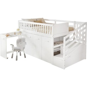 Gotagee Etagenbett 90x200cm Ohne Matratze Kinderbett Mit Fallschutz Und Gitter Mit Schreibtisch/Kleiderschrank/Schliessfaecher In Der Treppe Weiss Bed-N622F772345W