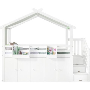 Gotagee Etagenbett 90x200cm Ohne Matratze Kinderbett Weiss+Gruen Kiefer MDF Sperrholz Mit Fallschutzgitter Kleiderschrank Schliessfaecher Gestreifter Stoff Bed-N622F460123P