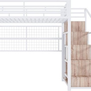 Gotagee Hochbett 140x200cm Eisenrahmen Kleiderschrank Stauraumleiter Gitter Gegenstaenden Freiflaeche Bett 7-farbige LED-Leuchten ohne Matratze Weiss Bed-WX000317AAK