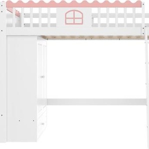 Gotagee Hochbett 90x200cm Ohne Matratze Kinderbett Weiss Kiefernholz Mit LED-Leuchten Mit Kleiderschrank Mit Ablageschublade Einzelbett Bed-WX000328AAK