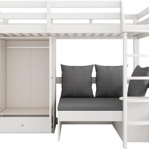 Gotagee Hochbett Kinder Multifunktionales Kinderbett Kleiderschrank Sofa Stauraum Drei Kissen Auflagen Ablageboden Ohne Matratze Massivholz Weiss 90x200 cm Bed-N634W0019W