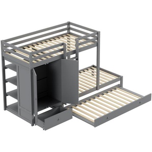 Gotagee Massivholzbett 90x200cm Etagenbett (Ohne Matratze) Grau Mit Ausziehbett Multifunktionales Kinderbett Mit Kleiderschrank Schubladen und Ablagefach Bed-LDT00200AAE