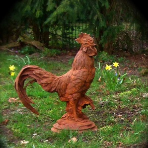 Großer Hahn, rustikal Garten Skulptur als Eingangs-Deko, Hof-Hahn in Rost-Optik