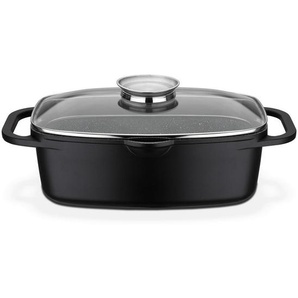 GSW Bräter Gourmet Granit, Schwarz, Metall, 6 L, rechteckig, 21x33 cm, ISO 9001, mit Dampfablass, backofengeeignet, Aromaknopf,hitzebeständige Griffe, kratzfest, rostfrei, antihaftbeschichtet, energiesparend, Deckel hitzebeständig, Thermoboden,