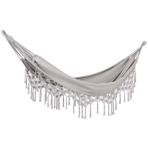 Hängematte Hellgrau aus Baumwolle und Polyester mit Fransen Makramee Handgewebt UV-Beständig Romantisch Garten Camping Outdoor