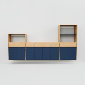 Hängeschrank Blau - Wandschrank: Schubladen in Eiche & Türen in Blau - 303 x 156 x 53 cm, konfigurierbar