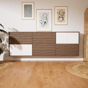 Hängeschrank Nussbaum - Wandschrank: Schubladen in Nussbaum & Türen in Weiß - 226 x 79 x 34 cm, konfigurierbar