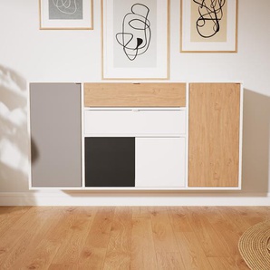 Hängeschrank Weiß - Wandschrank: Schubladen in Eiche & Türen in Schwarz - 154 x 79 x 34 cm, konfigurierbar
