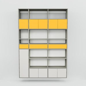 Hängeschrank Weiß - Wandschrank: Schubladen in Gelb & Türen in Hellgrau - 190 x 272 x 34 cm, konfigurierbar