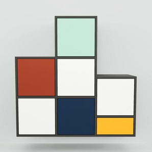 Hängeschrank Weiß - Wandschrank: Schubladen in Gelb & Türen in Weiß - 118 x 118 x 34 cm, konfigurierbar