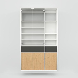 Hängeschrank Weiß - Wandschrank: Schubladen in Graphitgrau & Türen in Eiche - 115 x 195 x 34 cm, konfigurierbar