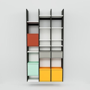 Hängeschrank Weiß - Wandschrank: Schubladen in Grau & Türen in Gelb - 118 x 233 x 34 cm, konfigurierbar