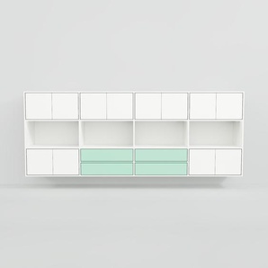 Hängeschrank Weiß - Wandschrank: Schubladen in Mint & Türen in Weiß - 300 x 118 x 47 cm, konfigurierbar