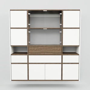 Hängeschrank Weiß - Wandschrank: Schubladen in Weiß & Türen in Kristallglas klar - 154 x 156 x 34 cm, konfigurierbar