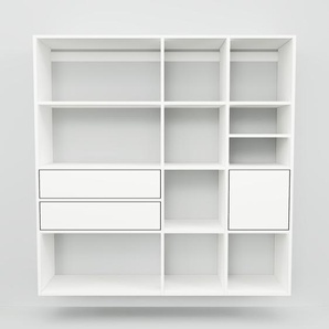 Hängeschrank Weiß - Wandschrank: Schubladen in Weiß & Türen in Weiß - 154 x 156 x 34 cm, konfigurierbar