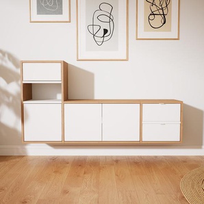 Hängeschrank Weiß - Wandschrank: Schubladen in Weiß & Türen in Weiß - 154 x 79 x 34 cm, konfigurierbar
