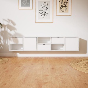 Hängeschrank Weiß - Wandschrank: Schubladen in Weiß & Türen in Weiß - 195 x 41 x 34 cm, konfigurierbar