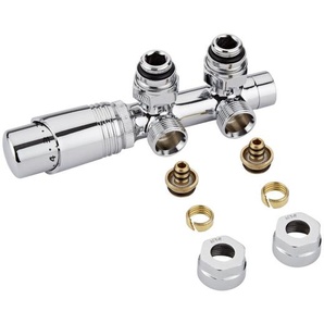 Hahnblock Heizkörperwinkelventil Manuell & thermostatisch Chrom/Weiß inkl. Multiadapter für 14mm Multiverbundrohre, von Hudson Reed
