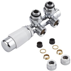 Hahnblock Heizkörperwinkelventil Manuell & thermostatisch Weiß inkl. Multiadapter für 16mm Kupferrohre, von Hudson Reed