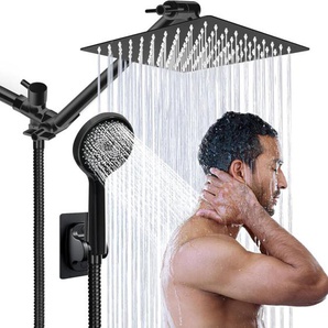 Handbrause mit 3 Funktionen, Stern-Dusche, Verlängerungsstange aus Edelstahl, quadratische Brause oben, schwarzes Badeset