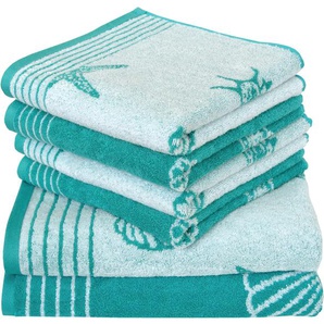 Handtuch Set DYCKHOFF mit Muschelmuster Handtuch-Sets Gr. 6 tlg., blau (türkis) Handtuch-Sets mit Muschelmuster
