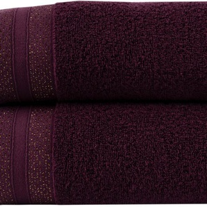 Handtuch Set LEONIQUE »Esmindra« mit goldfarbener Bordüre Handtuch-Sets Gr. 2 tlg., rot (burgundy) Handtuch-Sets Handtuch oder Badetuch Set, Premium 550grm², Bio-Baumwolle