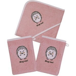 Handtuch Set WÖRNER Igel rosa Kapuzenbadetuch mit 2 Waschhandschuhen Handtuch-Sets Gr. 3 tlg., rosa Baby Babyhandtücher mit süßer Igelstickerei