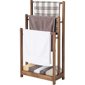 Handtuchständer braun freistehend, Handtuchhalter Holz mit 3 Handtuchstangen & unterer Ablage & Kippschutz, Trockenständer für Badezimmer, Hotels