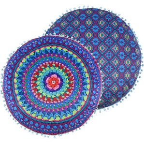 Dekokissen HAPPINESS Mandy Dekokissen_Sitzkissen_Kissenhüllen Gr. B/L: 55 cm x 55 cm, 1 St., Polyester-Samt, bunt (blau, violett, multi, bedruckt, geblümt) Dekokissen gemustert Mit pompons