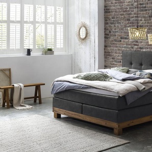 Hasena Boxspringbett Finca, Farbe: Wildeiche natur, gebürstet, geölt, Bezugsfarbe: Kul smoke, verschiedene Größen