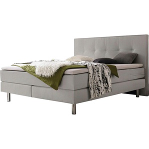 Boxspringbett HASENA Fleur Komplettbetten Gr. Flachgewebe Massivholz Matratze H3, mit Topper Agrea, Liegekomfort medium, Liegefläche B/L: 140 cm x 200 cm, H3, Tonnentaschen-Federkernmatratze, grau (grau, metall chrom) Boxspringbetten ohne Bettkasten