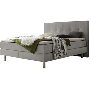 Boxspringbett HASENA Fleur Komplettbetten Gr. Flachgewebe Massivholz Matratze H3, mit Topper Base, Liegekomfort fest, Liegefläche B/L: 180 cm x 200 cm, H3, Tonnentaschen-Federkernmatratze, grau (grau, metall chrom) Boxspringbetten ohne Bettkasten
