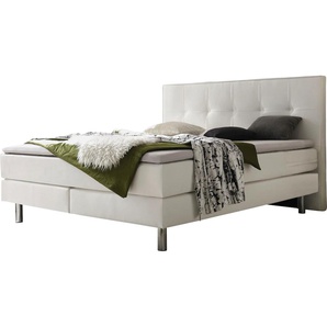 Boxspringbett HASENA Fleur Komplettbetten Gr. Kunstleder Massivholz Matratze H3, mit Topper Base, Liegekomfort fest, Liegefläche B/L: 160 cm x 200 cm, H3, Tonnentaschen-Federkernmatratze, weiß (weiß, metall chrom) Boxspringbetten ohne Bettkasten