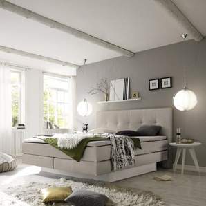 Hasena Boxspringbett inkl. Stauraum Miami, Farbe: ublade: MDF weiss / Front Bettkasten: 10-Buche weiss deckend, lackiert, Bezugsfarbe: Pepe beige, verschiedene Größen