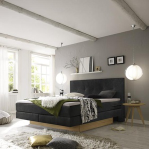 Hasena Boxspringbett inkl. Stauraum Miami, Farbe: ublade: MDF weiss / Front Bettkasten: 73-Eiche bianco, gebürstet, geölt, Bezugsfarbe: Kul smoke, verschiedene Größen