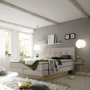 Hasena Boxspringbett inkl. Stauraum Miami, Farbe: ublade: MDF weiss / Front Bettkasten: 73-Eiche bianco, gebürstet, geölt, Bezugsfarbe: Pepe beige, verschiedene Größen
