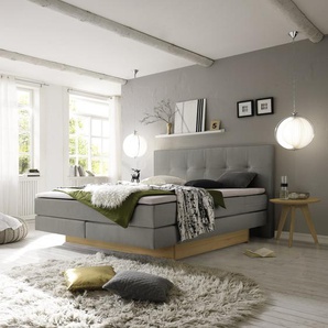 Hasena Boxspringbett inkl. Stauraum Miami, Farbe: ublade: MDF weiss / Front Bettkasten: 73-Eiche bianco, gebürstet, geölt, Bezugsfarbe: Pepe grey, verschiedene Größen