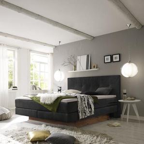 Hasena Boxspringbett inkl. Stauraum Miami, Farbe: ublade: MDF weiss / Front Bettkasten: 93-Wildeiche natur, gebürstet, geölt, Bezugsfarbe: Kul smoke, verschiedene Größen