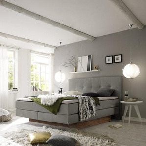 Hasena Boxspringbett inkl. Stauraum Miami, Farbe: ublade: MDF weiss / Front Bettkasten: 93-Wildeiche natur, gebürstet, geölt, Bezugsfarbe: Pepe grey, verschiedene Größen