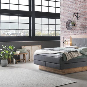 Hasena Boxspringbett inkl. Stauraum Texas, Farbe: ublade: MDF weiss / Front Bettkasten und Kopfteil: 93-Wildeiche natur, gebürstet, geölt, Bezugsfarbe: Kul smoke, verschiedene Größen