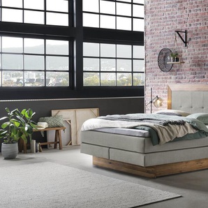 Hasena Boxspringbett inkl. Stauraum Texas, Farbe: ublade: MDF weiss / Front Bettkasten und Kopfteil: 93-Wildeiche natur, gebürstet, geölt, Bezugsfarbe: Pepe grey, verschiedene Größen