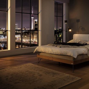 Hasena Boxspringbett Marsala, Farbe: Wildbuche natur, geölt, Bezugsfarbe: Pepe grey, Metallfarbe: Anthracit, verschiedene Größen