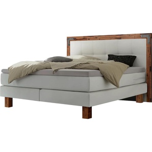 Boxspringbett HASENA Memphis Komplettbetten Gr. Kunstleder Massivholz Matratze H3, mit Topper Agrea, Liegekomfort medium, Liegefläche B/L: 160 cm x 200 cm, H3, Tonnentaschen-Federkernmatratze, weiß (weiß, akazie braun) Boxspringbetten ohne Bettkasten im