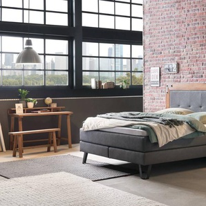 Hasena Boxspringbett Oakland, Farbe: Wildeiche natur, gebürstet, geölt, Bezugsfarbe: Kul smoke, Metallfarbe: Used, verschiedene Größen