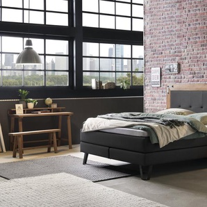 Hasena Boxspringbett Oakland, Farbe: Wildeiche natur, gebürstet, geölt, Bezugsfarbe: Pepe anthrazit, Metallfarbe: Used, verschiedene Größen