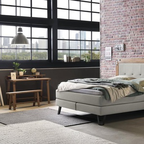 Hasena Boxspringbett Oakland, Farbe: Wildeiche natur, gebürstet, geölt, Bezugsfarbe: Pepe grey, Metallfarbe: Used, verschiedene Größen