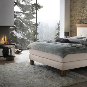 Hasena Boxspringbett Rustico, Farbe: Wildeiche natur, gebürstet, geölt, Bezugsfarbe: Pepe beige, verschiedene Größen